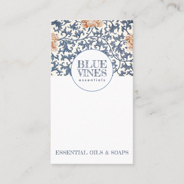 Monogram Blue Vines Pink Flowers Craftsperson Business Card (Front)