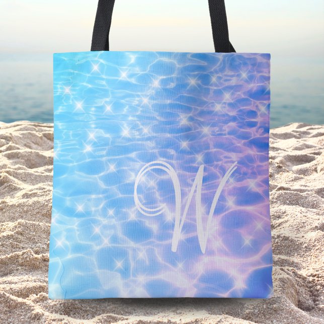 Monogram Blue Water Ocean Summer Elegant Stylish Tote Bag (Creator Uploaded)