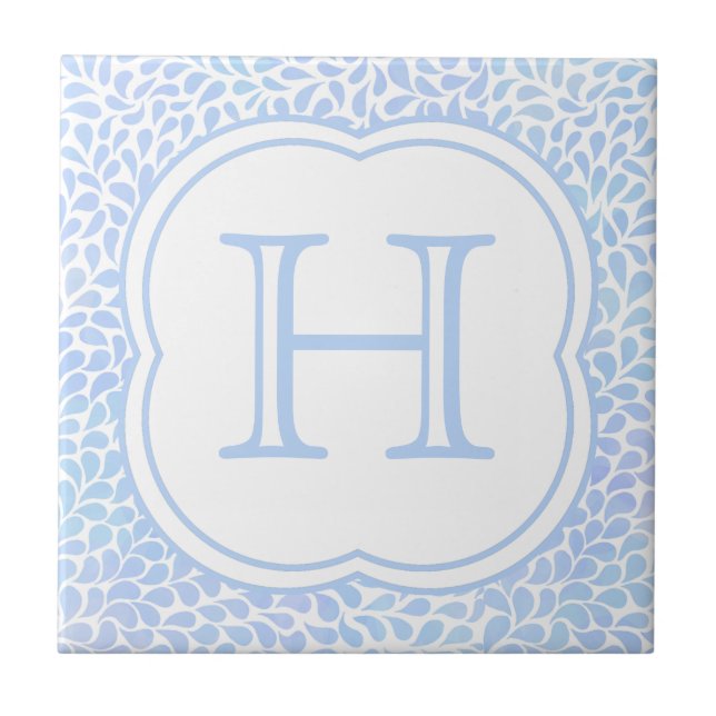 Monogram blue watercolor drops ceramic tile (Front)