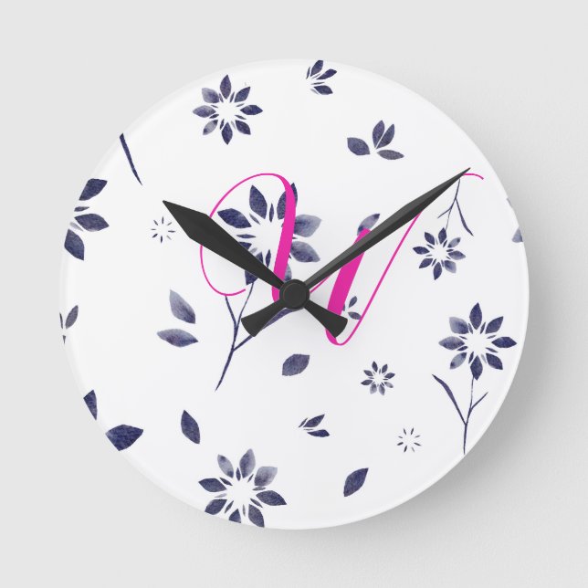 Monogram Blue Watercolor Floral Pattern Round Clock (Front)