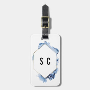 Monogram blue watercolor Gold frame newlywed Luggage Tag