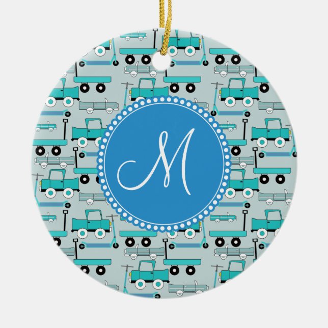 Monogram Blue Wheels Scooters Cars Wagons Trucks Ceramic Tree Decoration (Front)