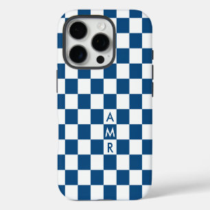 Monogram Blue White Chequered Pattern iPhone 16 Pro Case