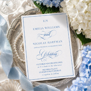 Monogram Blue White Classic Wedding Invitation