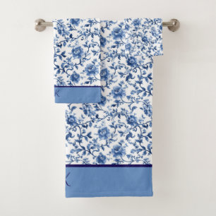 Monogram Blue White Floral Toile Chinoiserie Bath Towel Set
