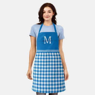 Monogram Blue White Gingham Navy Name Apron