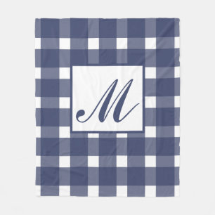 Monogram Blue White Gingham Pattern Fleece Blanket