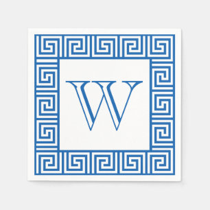 Monogram Blue & White Greek key style paper napkin
