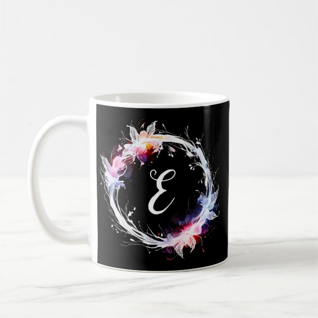 Monogram Blue White Pink Floral Wreath Mug (Left)