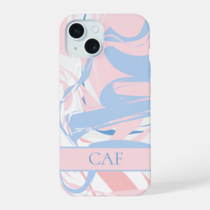 Monogram Blue White Pink Marble Swirl  iPhone 15 Case