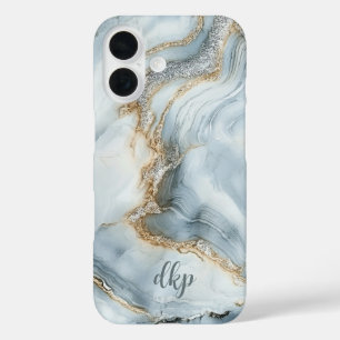 Monogram Blue White Silver Gold Marble Swirl iPhone 16 Case