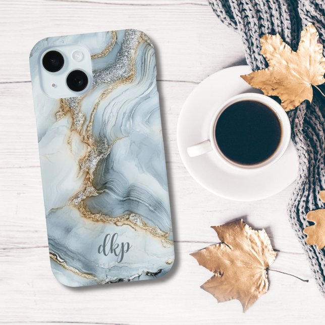 Monogram Blue White Silver Gold Marble Swirl Case-Mate iPhone Case (Blue White Silver gold Marble Swirl Monogrammed name initials iPhone 15, 15, 13 14 12 11 case)