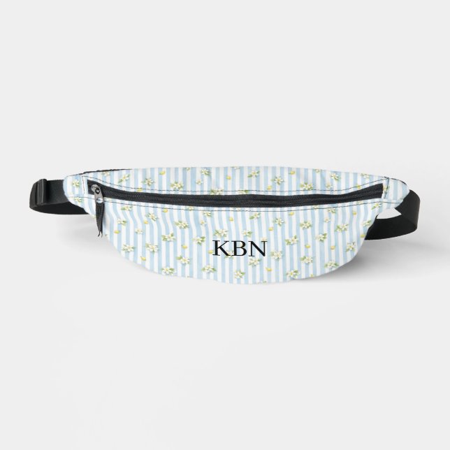 Monogram Blue White Stripes Lemons Mediterranean Bum Bags (Front)