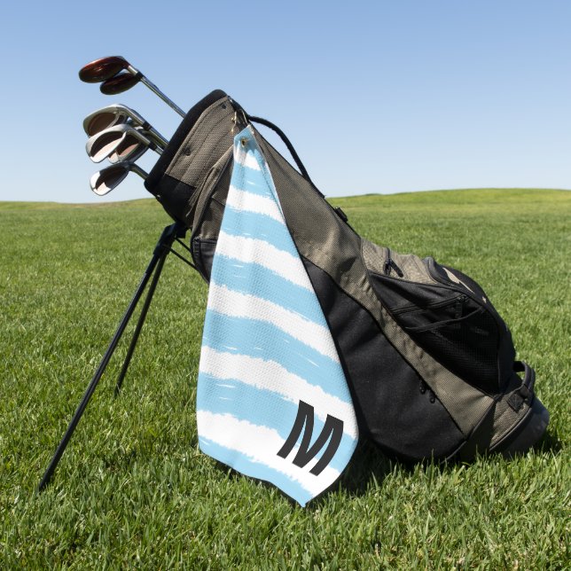 Monogram Blue White Watercolor Stripes Golf Towel (Green)