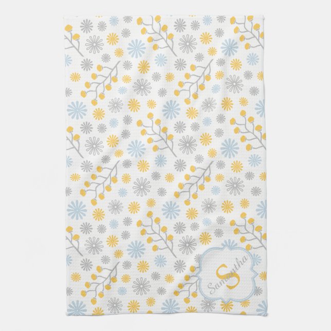 Monogram Blue Yellow & Grey Kitchen Towel 16x24 (Vertical)