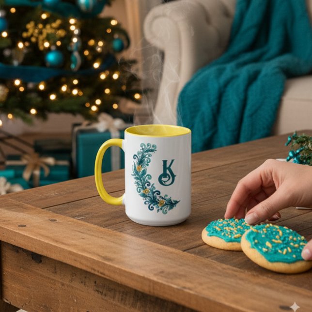 Monogram Blue Yellow Holiday Mug (Holiday monogram coffee mug)