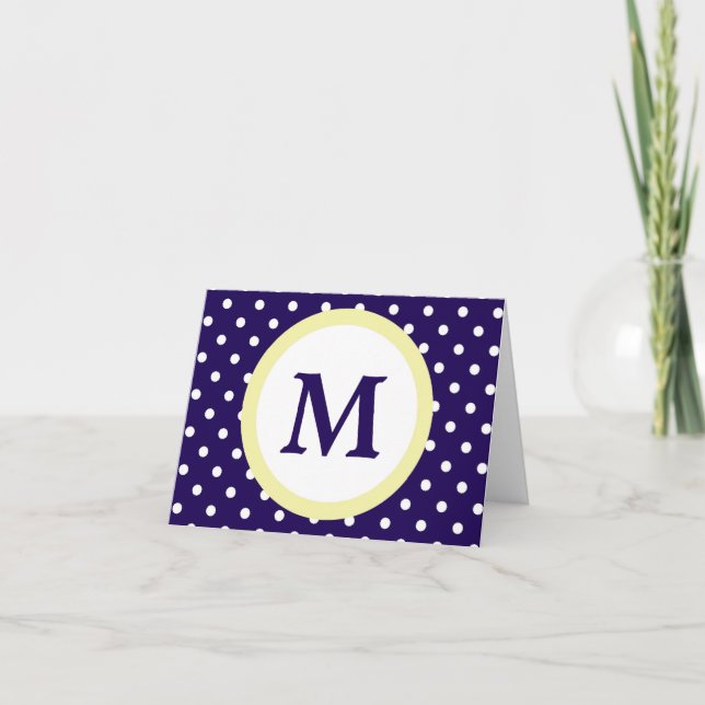Monogram Blue Yellow Polka Dot Personal Note Card (Front)