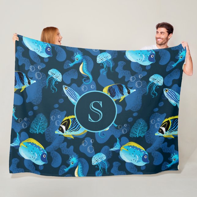 Monogram Blue Yellow Tropical Fishes Illustration Fleece Blanket (In Situ)