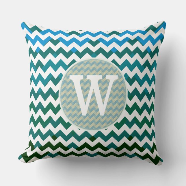 Monogram bluish chevron stripes cushion (Front)