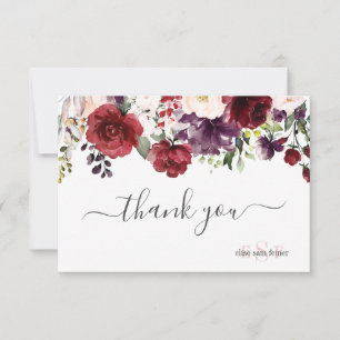 Monogram Blush Burgundy Watercolor Flowers Thank You Card
