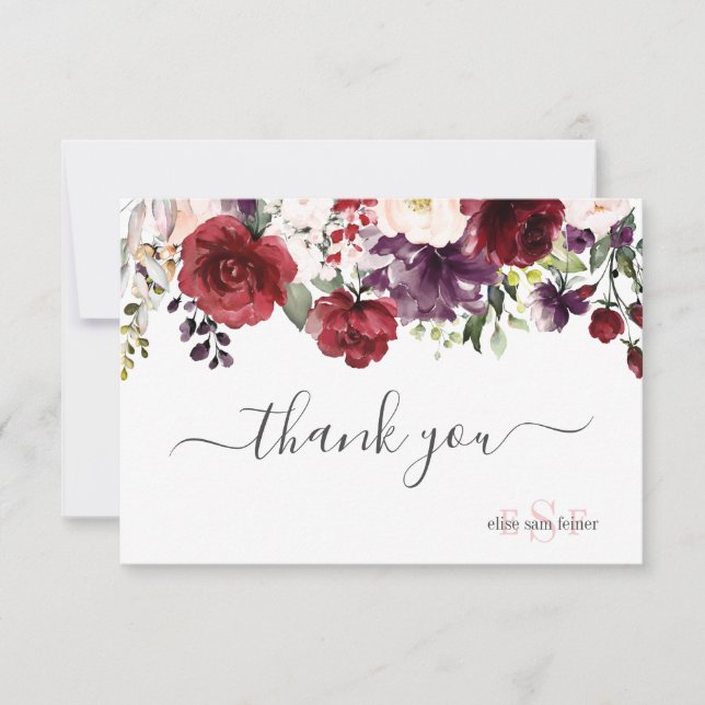Monogram Blush Burgundy Watercolor Flowers Thank You Card (Front)