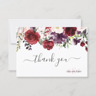 Monogram Blush Burgundy Watercolor Flowers Thank You Card