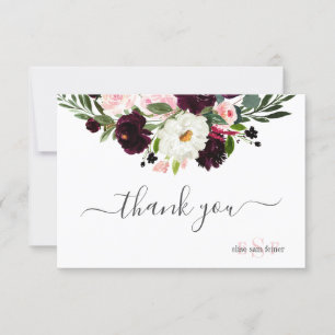 Monogram Blush Burgundy Watercolor Flowers Thank You Card