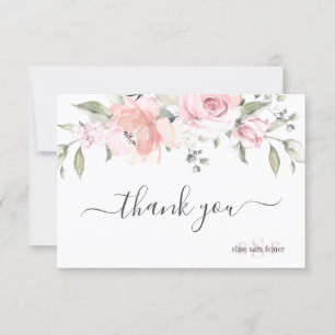 Monogram Blush Dusty Rose Watercolor Flowers Thank You Card