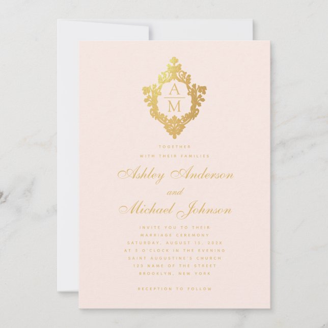 Monogram Blush Faux Gold Floral Crest Pink Wedding Invitation (Front)