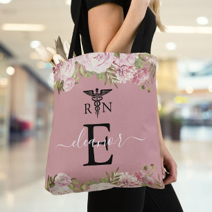Monogram Blush Floral Registered Nurse Graduation Tote Bag
