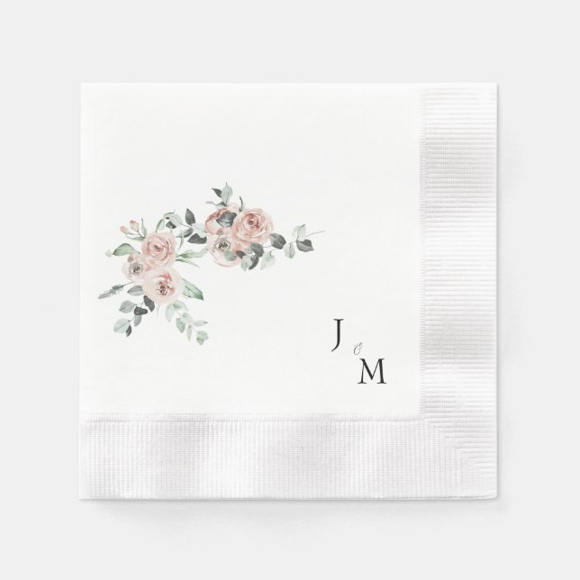 Monogram Blush Floral Wedding Coined Napkin (Front)