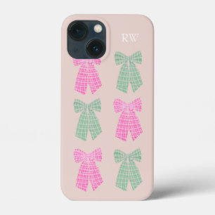 Monogram Blush Gingham Coquette Bow Pattern iPhone 13 Mini Case