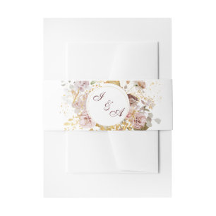 Monogram Blush Peony & Gold Burgundy Floral Invitation Belly Band