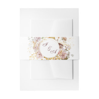 Monogram Blush Peony & Gold Burgundy Floral Invitation Belly Band
