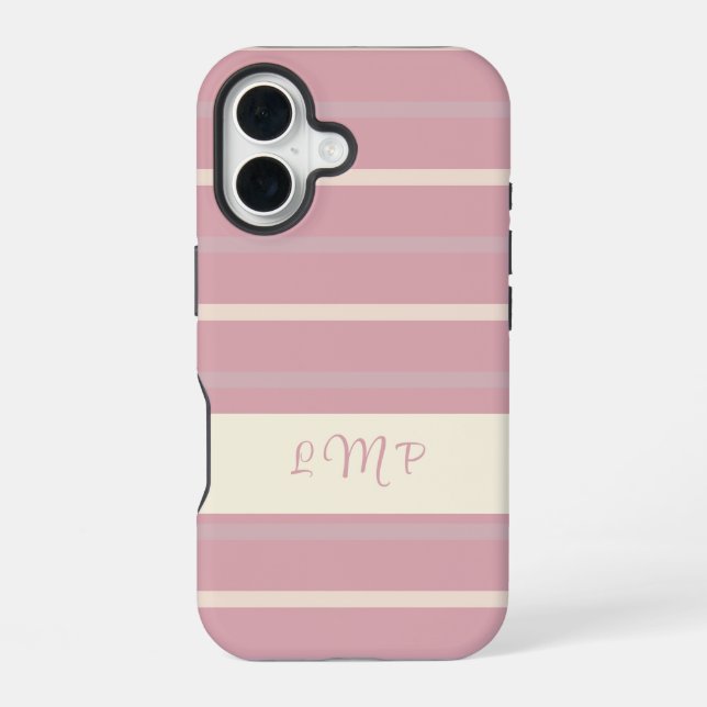 Monogram Blush Pink and Cream Stripe Pattern iPhone 16 Case (Back)