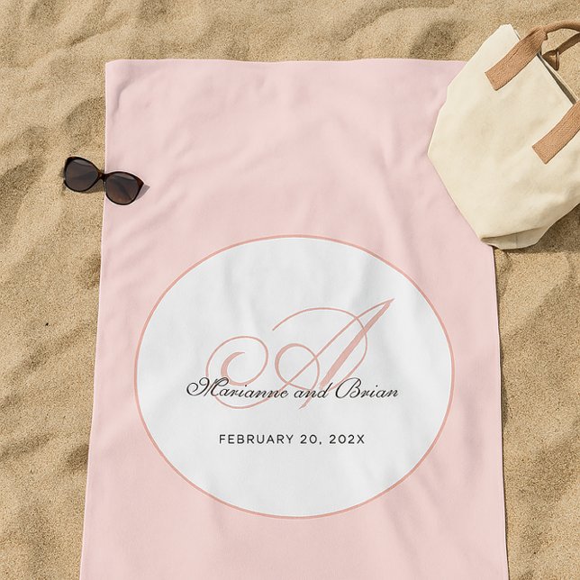 Monogram Blush Pink and White Beach Towel (Wedding anniversary or honeymoon memory gift)