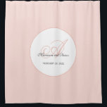 Monogram Blush Pink and White Shower Curtain<br><div class="desc">Lined with a thin pink border,  a large Monogram in Rose Quartz with contrasting grey text for names of the couple and the date. 

Goes perfectly with all the wedding items in blush or any warm pink,  with a soft romantic feel to the style.</div>