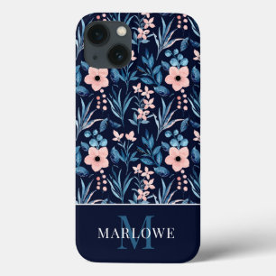 Monogram Blush Pink Blue Watercolor Floral Pattern iPhone 13 Case