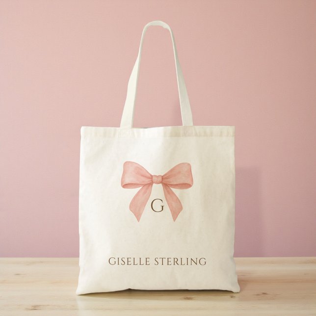Monogram Blush Pink Bow Watercolor Tote Bag (Creator Uploaded)