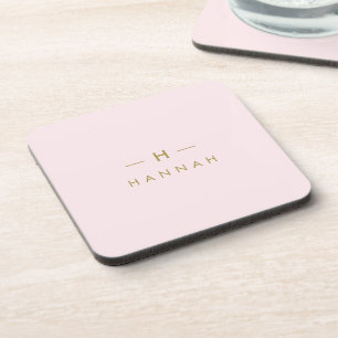 Monogram Blush Pink   Elegant Gold Minimalist Coaster