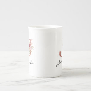 Monogram Blush Pink Floral Letter J Bone China Mug
