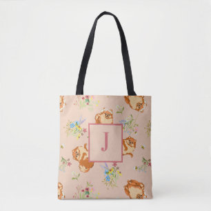 Monogram Blush Pink Floral Pomeranian Pattern Tote Bag