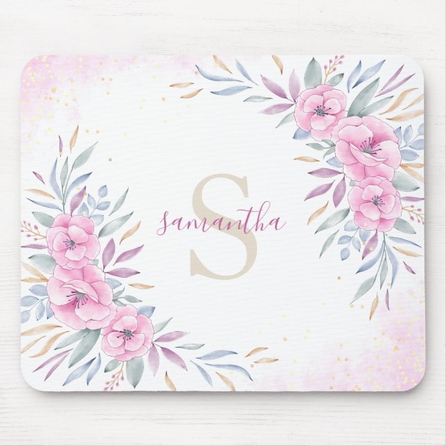 Monogram Blush Pink Flowers Watercolor Cute Boho Mouse Pad (Front)