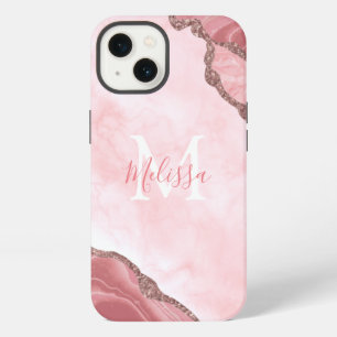Monogram Blush Pink Geode Glitter Calligraphy iPhone 13 Case