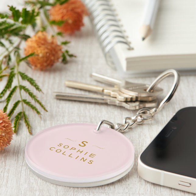 Monogram Blush Pink Gold Minimalist Elegant Name T Key Ring (Front Right)
