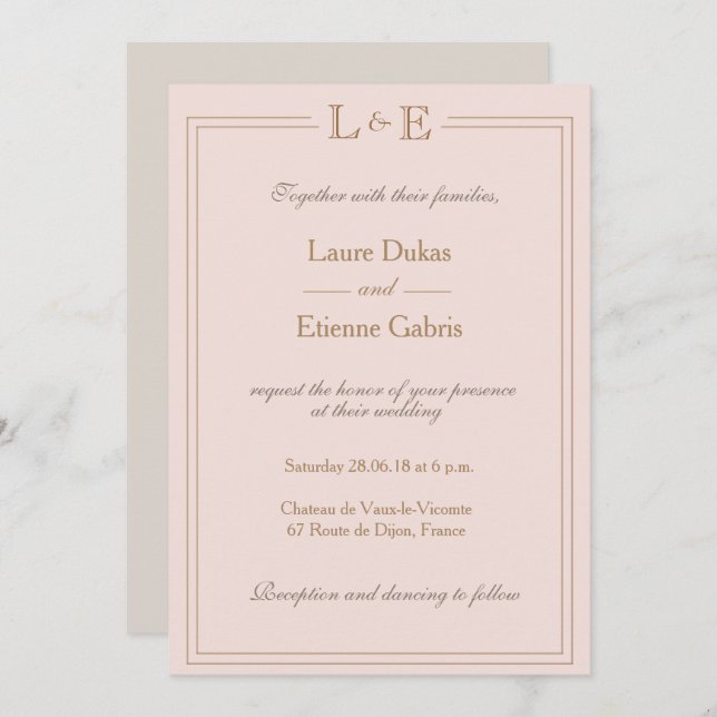 Monogram blush pink gold rose grey modern wedding invitation (Front/Back)
