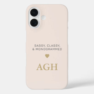 Monogram Blush Pink Grey Typography Gold Heart  iPhone 16 Case