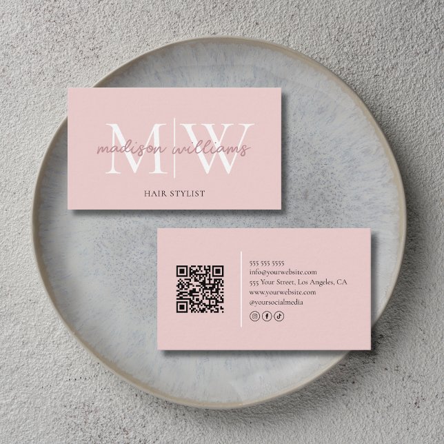 Monogram Blush Pink Hair Stylist QR Code Business Card (Monogram Blush Pink Hair Stylist QR Code Business Card)