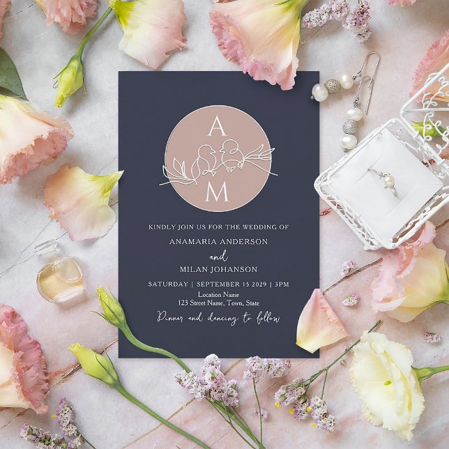 Monogram Blush Pink Navy Blue Wedding Invitation (Creator Uploaded)