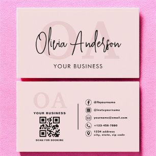 Monogram Blush Pink QR Code Modern Minimalist  Business Card